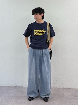 「CIAOPANIC TYPY（チャオパニックティピー）の【UNISEX】【プラスサイズあり】ポコポコメッセージロゴTEE（Tシャツ/カットソー、ブルー系）」を使った、ゆいととさん（メンズ・170cm）の春コーディネート
