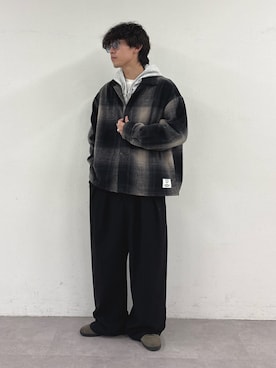 「DISCUS（ディスカス）の【DISCUS】別注シャギーチェックオーバーシャツジャケット（シャツ/ブラウス、ブラック系）」を使った、ゆいととさん（メンズ・170cm）の秋コーディネート