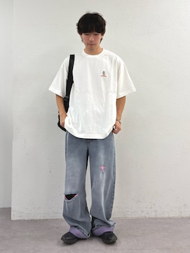 「CIAOPANIC TYPY（チャオパニックティピー）の【DOGS】ユニセックスアニマル刺繍ロゴ半袖TEE（Tシャツ/カットソー、ホワイト系）」を使った、ゆいととさん（メンズ・170cm）の夏コーディネート