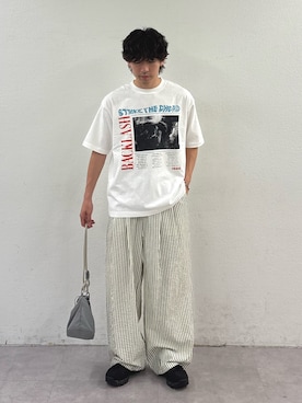 「CIAOPANIC TYPY（チャオパニックティピー）の【UNISEX】【プラスサイズあり】ストライプイージーパジャマパンツ（その他パンツ、ホワイト系）」を使った、ゆいととさん（メンズ・170cm）の春コーディネート