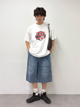「CIAOPANIC TYPY（チャオパニックティピー）の【UNISEX】【プラスサイズあり】犬＆猫 アソートロゴプリントTee（Tシャツ/カットソー）」を使った、ゆいととさん（メンズ・170cm）の夏コーディネート