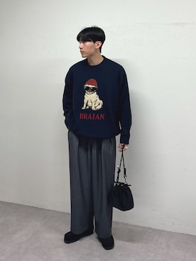 「ロゴニット」｜「アイテム（スラックス）」を使った、ゆいととさん（メンズ・170cm）の冬コーディネート