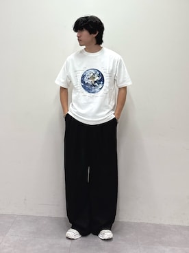 「CIAOPANIC TYPY（チャオパニックティピー）の【WEB限定】【新色追加】ムーンクレーター＆アースロゴプリントTee（Tシャツ/カットソー、ホワイト系）」を使った、ゆいととさん（メンズ・170cm）の夏コーディネート