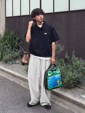 「Franklin Climbing（フランクリンクライミング）の【Franklin Climbing】【ユニセックス】essentialバックプリントポロシャツ（ポロシャツ、ブラック系）」を使った、ゆいととさん（メンズ・170cm）の春コーディネート
