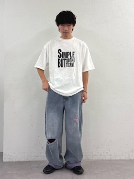 「CIAOPANIC TYPY（チャオパニックティピー）の【UNISEX】【プラスサイズあり】スラブ天竺ピグメントロゴTEE（Tシャツ/カットソー、ホワイト系）」を使った、ゆいととさん（メンズ・170cm）の夏コーディネート