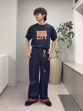 「CIAOPANIC TYPY（チャオパニックティピー）の【UNISEX】ピグメント加工スラブカレッジロゴTEE（Tシャツ/カットソー、ブルー系）」を使った、ゆいととさん（メンズ・170cm）の春コーディネート
