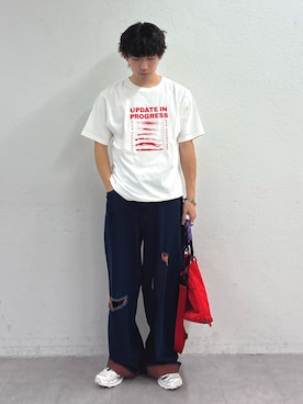 「CIAOPANIC TYPY（チャオパニックティピー）の【UNISEX】宇宙人プリントTシャツ（Tシャツ/カットソー、ホワイト系）」を使った、ゆいととさん（メンズ・170cm）の夏コーディネート