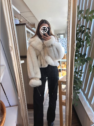 MURUAムートン風コート ブラウン ホワイト Fサイズ ショートエアリーフェイクムートンジャケット｜ムルーア（MURUA