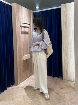 「fredy emue（フレディエミュ）のストライプアノラックシャツブルゾン（シャツ/ブラウス、ブルー系）」を使った、さとちゃんさん（レディース・166cm）の春コーディネート