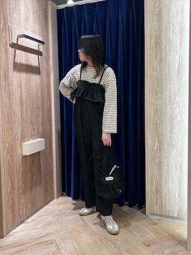 「fredy emue（フレディエミュ）の【人気商品の新型】ボーダーハートステッチルーズロンTシャツ（Tシャツ/カットソー、ホワイト系）」を使った、さとちゃんさん（レディース・166cm）の春コーディネート