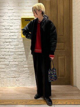 「ケーブルニット」｜「アイテム（スタジャン）」を使った、さとちゃんさん（レディース・166cm）の秋コーディネート