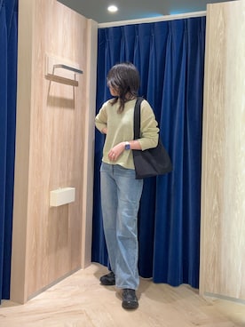 「fredy emue（フレディエミュ）のLINEN100ニットプルオーバー（ニット/セーター、グリーン系）」を使った、さとちゃんさん（レディース・166cm）の春コーディネート