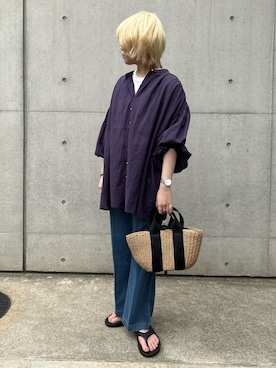 「fredy emue（フレディエミュ）の【fredyemueフレディエミュ】ドロストボリュームシャツブラウス（シャツ/ブラウス）」を使った、さとちゃんさん（レディース・167cm）の夏コーディネート