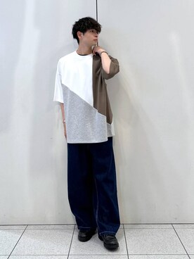 「LOWRYS FARM（ローリーズファーム）のＴＲＰＵパネルＳＳ　106595（Tシャツ/カットソー、ベージュ系）」を使った、Hibikiさん（メンズ・170cm）の夏コーディネート