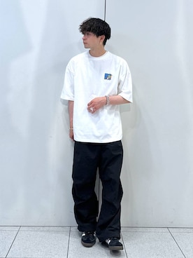 「LOWRYS FARM（ローリーズファーム）のＭＴＶシシュウTシャツＳＳ　121774（Tシャツ/カットソー、ホワイト系）」を使った、Hibikiさん（メンズ・170cm）の夏コーディネート