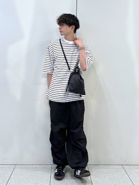 「LOWRYS FARM（ローリーズファーム）のＧＲＥＥＮＷＩＣＨマルチボーダーＳＳ　108061（Tシャツ/カットソー、ホワイト系）」を使った、Hibikiさん（メンズ・170cm）の夏コーディネート