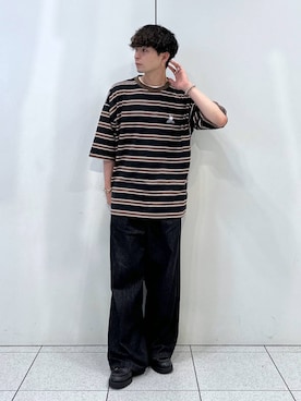 「LOWRYS FARM（ローリーズファーム）のライトタックデニムワイドパンツ 130971（デニムパンツ、ブラック系）」を使った、Hibikiさん（メンズ・170cm）の夏コーディネート