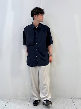 「LOWRYS FARM（ローリーズファーム）のファンマートロワイドパンツ　106629（スラックス、ベージュ系）」を使った、Hibikiさん（メンズ・170cm）の夏コーディネート