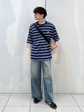 「LOWRYS FARM（ローリーズファーム）のＧＲＥＥＮＷＩＣＨマルチボーダーＳＳ　108061（Tシャツ/カットソー、ブルー系）」を使った、Hibikiさん（メンズ・170cm）の夏コーディネート