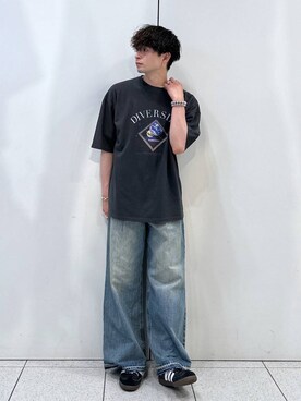 「LOWRYS FARM（ローリーズファーム）のカコウバンドＴＳＳ　114360（Tシャツ/カットソー、ブラック系）」を使った、Hibikiさん（メンズ・170cm）の夏コーディネート