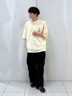 「LOWRYS FARM（ローリーズファーム）のＭＬＢピグメントＳＳ　125196（Tシャツ/カットソー、ホワイト系）」を使った、Hibikiさん（メンズ・170cm）の春コーディネート