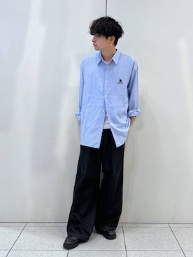 「LOWRYS FARM（ローリーズファーム）のライトタックデニムワイドパンツ 130971（デニムパンツ、ブラック系）」を使った、Hibikiさん（メンズ・170cm）の夏コーディネート