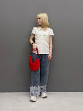 「SENSE OF PLACE by URBAN RESEARCH(センスオブプレイスバイアーバンリサーチ)のパフスリーブコンパクトギャザーシャツ(シャツ/ブラウス、ホワイト系)」を使った、nanaさん(レディース・153cm)の春コーディネート