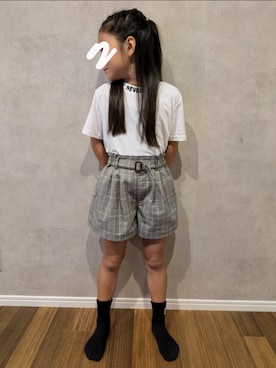 「SHEINのアイテム（Tシャツ/カットソー、ホワイト系）」を使った、まちゃんさん（キッズ・120cm）の夏コーディネート