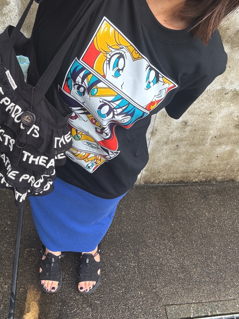 「セーラームーン、キャラT、古着MIX、夏服コーデ、Tシャツコーデ、ラクチンコーデ、90年代、平成、昭和」｜「SHEENのアイテム（Tシャツ/カットソー、ブルー系）」を使った、oyco‪ ·͜·♡‬さん（レディース・157cm）の夏コーディネートの1枚目の写真