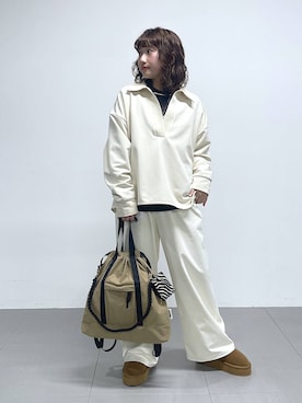 「BARNYARDSTORM（バンヤードストーム）のBARNYARDSTORM / ウォームツイルストレッチワイドパンツ / ハンドウォッシャブル【吸湿発熱】（その他パンツ）」を使った、honokaさん（レディース・154cm）の秋コーディネート