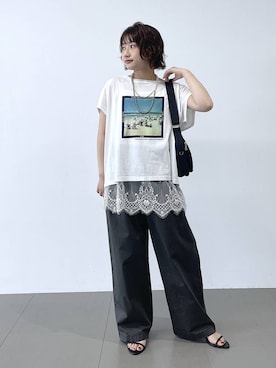 「BARNYARDSTORM（バンヤードストーム）の【別注】LIFE PICTURE COLLECTION / BEACH フォトT【布施さえさんYouTube紹介アイテム】（Tシャツ/カットソー、ホワイト系）」を使った、honokaさん（レディース・154cm）の夏コーディネート