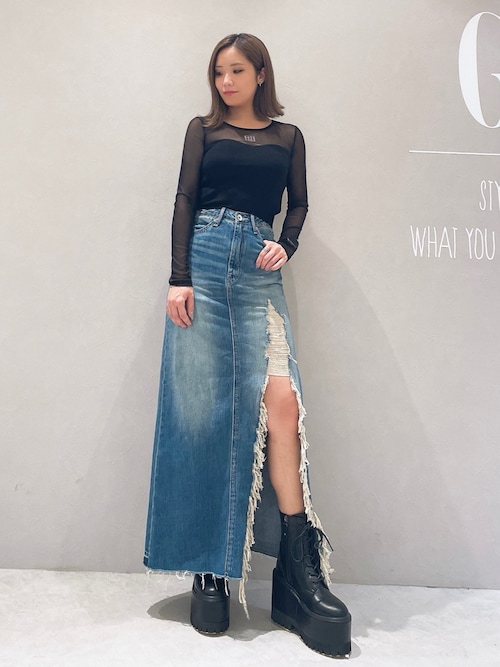 GYDA デニムスカート ダメージスリット ロングスカートライク