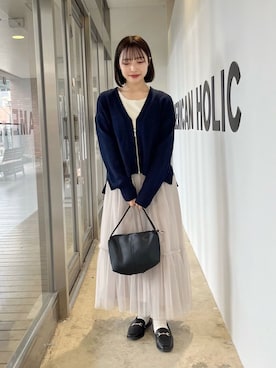 「AMERICAN HOLIC（アメリカンホリック）のハーフZIP透かし編みカーディガン（カーディガン/ボレロ、ブルー系）」を使った、ovo705さん（レディース・155cm）の春コーディネート