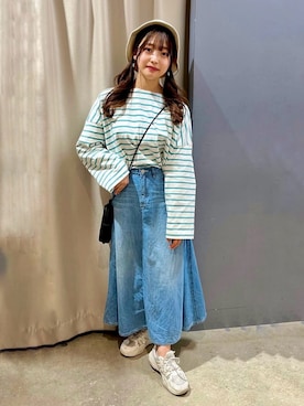 「AMERICAN HOLIC（アメリカンホリック）のOE天竺ボーダーBIGプルオーバー（Tシャツ/カットソー、グリーン系）」を使った、ovo705さん（レディース・155cm）の春コーディネート