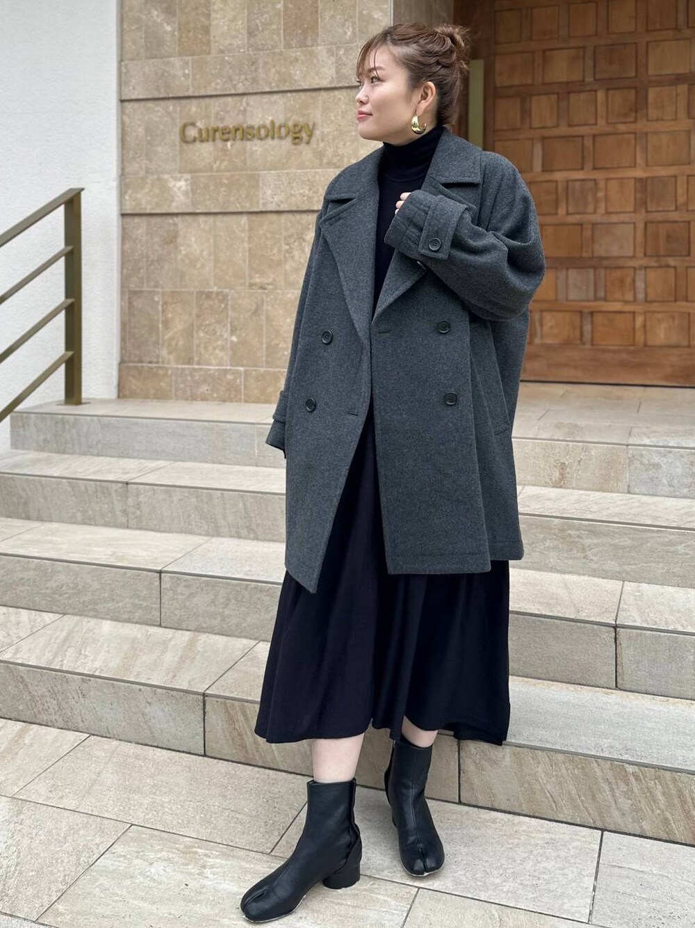 Curensology〈カレンソロジー〉　ウールギャザーワンピース　ネイビー カレンソロジー ウールハイネックギャザーワンピース ネイビー