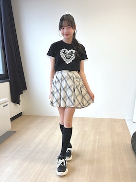 「mezzo piano Junior（メゾピアノジュニア）のトリムレース半袖Tシャツ（Tシャツ/カットソー、ブラック系）」を使った、strawberryさん（キッズ・157cm）の春コーディネート