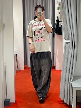 「3.3 Field Trip （3.3フィールドトリップ）の3.3 Field Trip／ストライプデニムパンツ（デニムパンツ、ブラック系）」を使った、モモさん（レディース）の夏コーディネート
