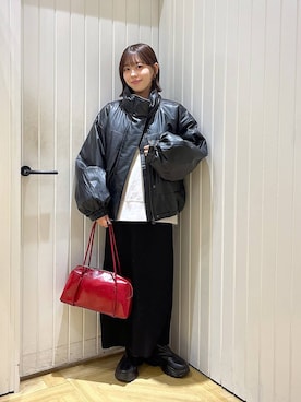 「アイテム（ボストンバッグ、レッド系）」を使った、fuku5662さん（レディース・160cm）の秋コーディネート