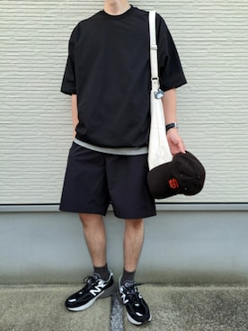 「DAIWA PIER39（ダイワピア39）のTECH DRAWSTRING S/S TEE <BLACK>（Tシャツ/カットソー）」を使った、necoさん（メンズ・177cm）の夏コーディネート