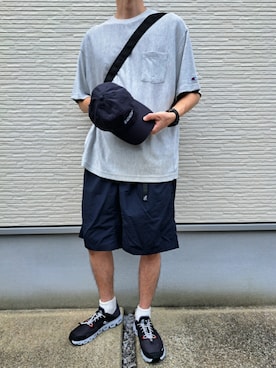 「Champion（チャンピオン）のLOWERCASE×Champion 速乾ReverseWEave TEE <GREY>（Tシャツ/カットソー）」を使った、necoさん（メンズ・177cm）の夏コーディネート