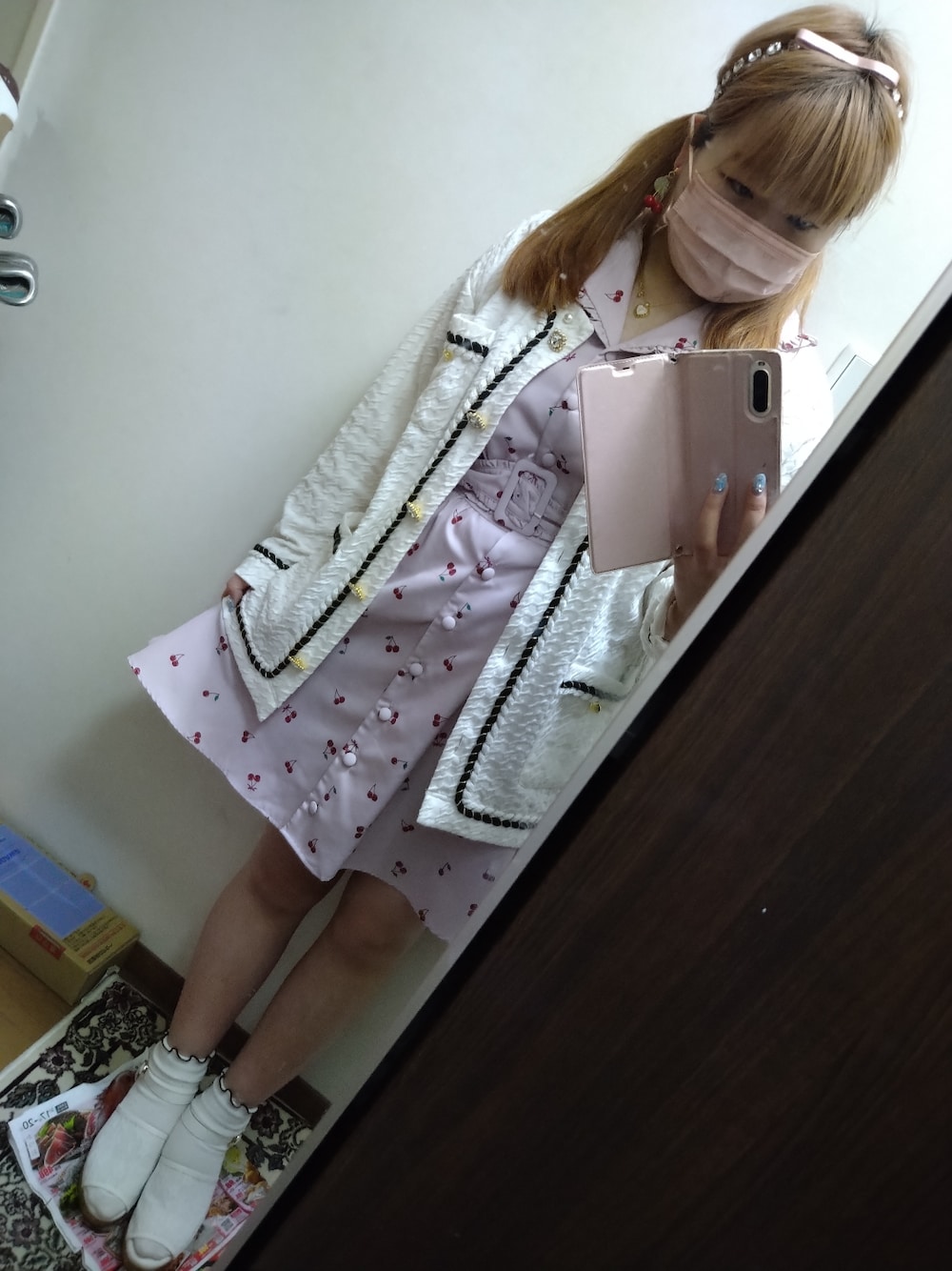 「MAJESTIC LEGON、Ank Rouge、Ank Rougeオリジナル柄、チェリー柄、さくらんぼ柄、さくらんぼコーデ、swankiss、大阪旅行、ラストアイドル、直接会うお話会」｜「Ank RougeのランダムチェリーセーラーOP（ワンピース、ピンク系）」を使った、funamonさん（レディース・152cm）の春コーディネートの1枚目の写真