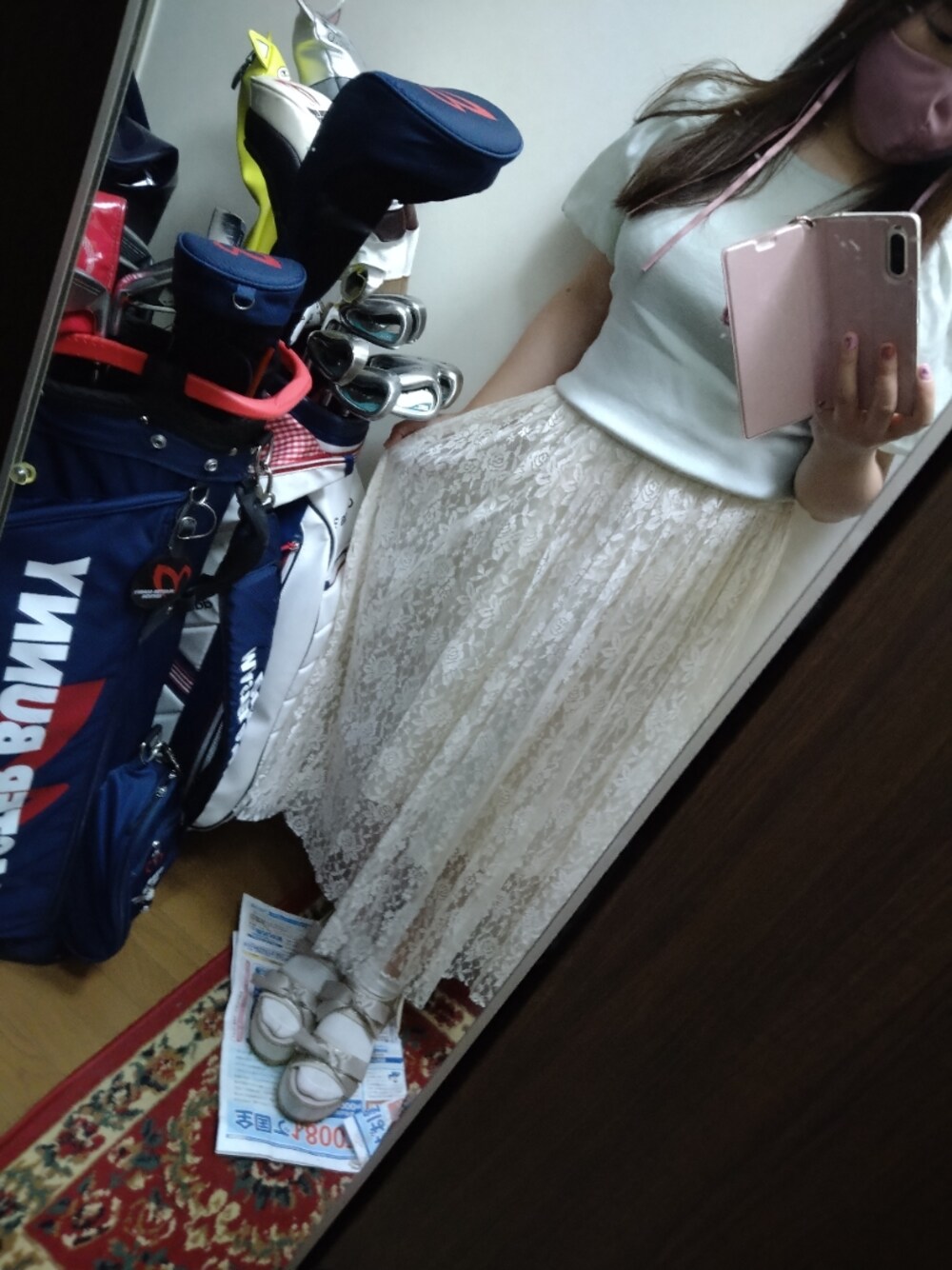 「カジュアルガーリー、プリーツレーススカート、OLIVE des OLIVE、31 Sons de mode、threeppy、300円靴下」｜「31 Sons de modeのシアーボリュームスリーブバックリボンニット（ニット/セーター、グリーン系）」を使った、funamonさん（レディース・152cm）の夏コーディネートの1枚目の写真
