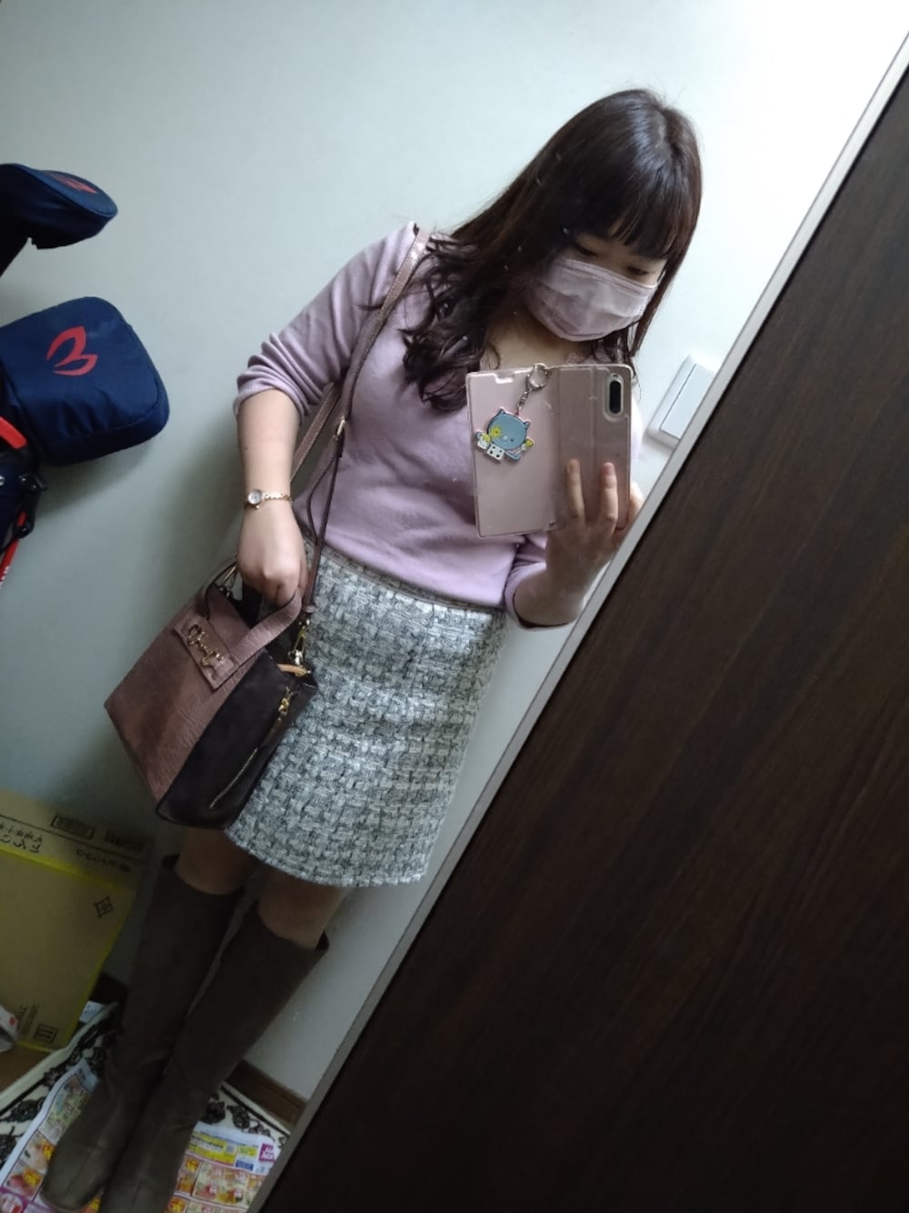 「おでかけコーデ、31 Sons de mode、MERCURYDUO(MERCURYDUO)、LIP SERVICE、ツイードパンツ、ミニスカート、ロングブーツ、ロングブーツコーデ、おとなコーデ」｜「MERCURYDUOのバックレースアップミドルブーツ（その他シューズ、ブラウン系）」を使った、funamonさん（レディース・152cm）の秋コーディネートの1枚目の写真