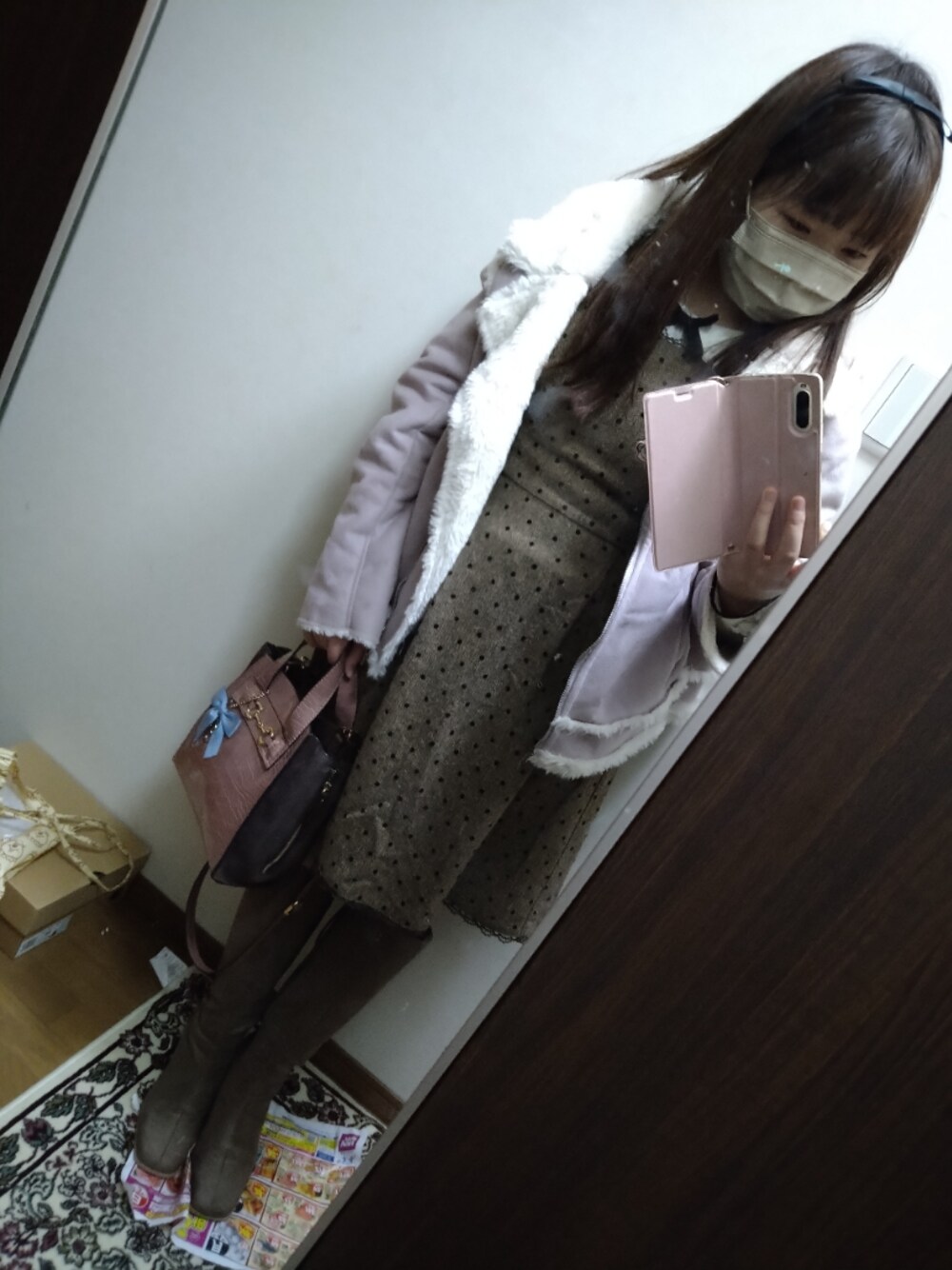 「休日コーデ、休日スタイル、LODISPOTTO、one after another NICE CLAUP、Ank Rouge、量産型風、お出かけコーデ、ロングブーツ」｜「LODISPOTTOのドットフロッキーツイードジャンスカ（ワンピース、ブラウン系）」を使った、funamonさん（レディース・152cm）の秋コーディネートの1枚目の写真