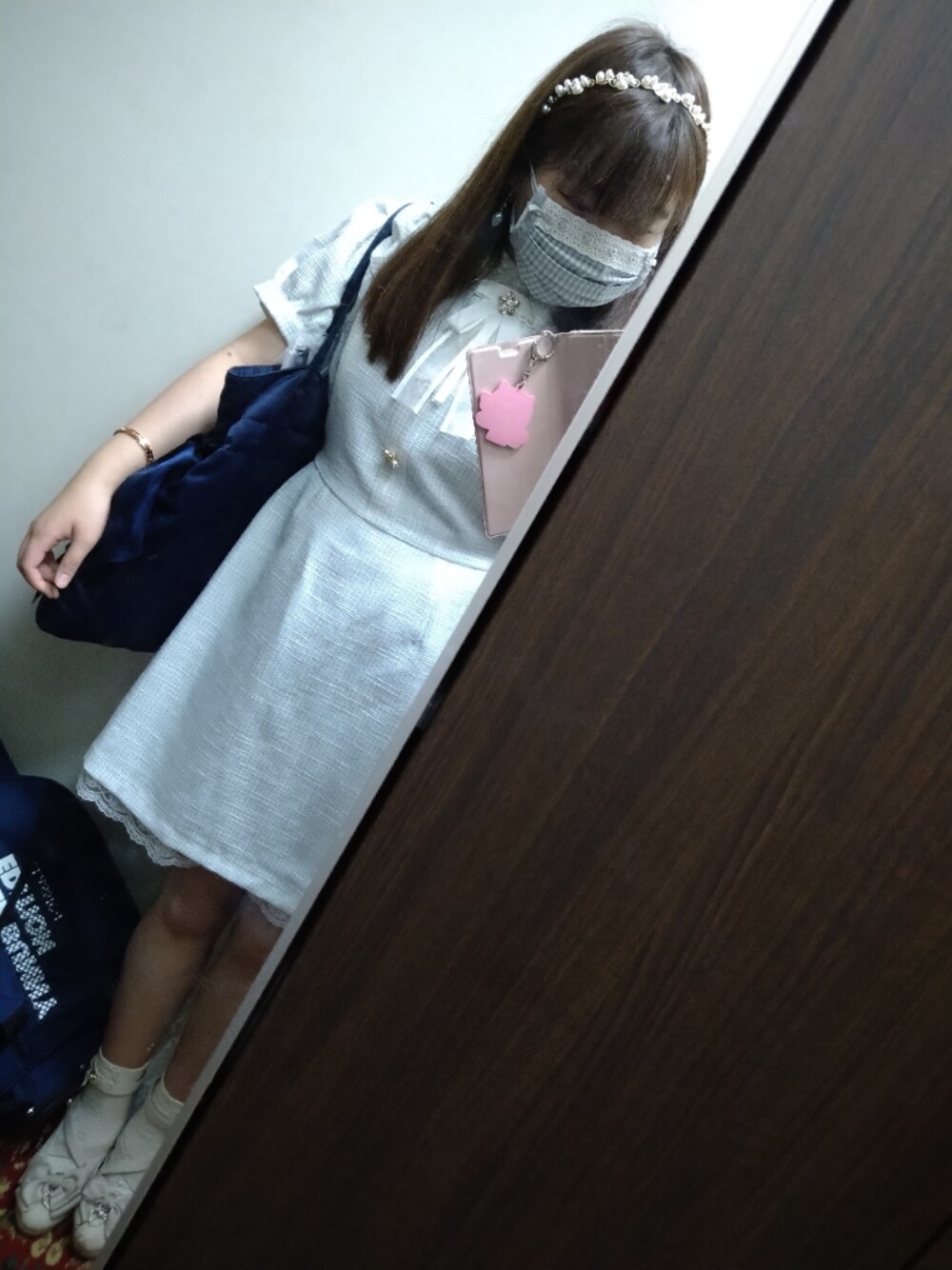 「Maison de FLEUR 、swankiss、Swankiss、LODISPOTTO、Ank Rouge、コンサート、日向坂46、おひさま化計画2021 広島公演、量産型コーデ、ツイードワンピース、アイドルヲタク、おひさまデビュー」｜「Maison de FLEURのダブルリボントートバッグ＊★（トートバッグ、ブルー系）」を使った、funamonさん（レディース・152cm）の秋コーディネートの1枚目の写真