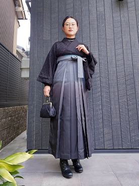 「kimonomachi（キモノマチ）のKIMONOMACHI オリジナル レース着物（着物、ブラック系）」を使った、KIMONOMACHIさん（レディース・151cm）の冬コーディネート