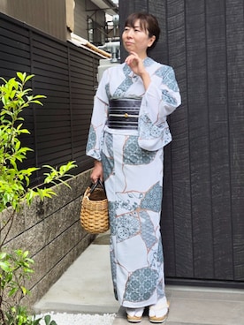 「kimonomachi（キモノマチ）のKIMONOMACHI オリジナル 刺繍下駄（和装小物、ホワイト系）」を使った、KIMONOMACHIさん（キッズ・120cm）の夏コーディネート