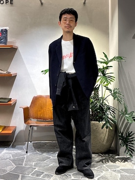 「アイテム（テーラードジャケット、ブルー系）」を使った、ふかのきさん（メンズ・172cm）の夏コーディネート