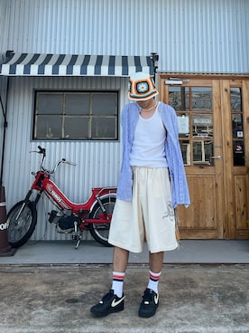 「ストライプシャツ」｜「アイテム（タンクトップ）」を使った、SHUSKさん（メンズ・178cm）の夏コーディネート
