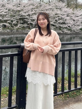 「A part by（アパートバイ）のお気に入り1.8万人超え！スウェットライクスポンジニットBIGカーディガン≪追加7≫（カーディガン/ボレロ、ピンク系）」を使った、yumeminさん（レディース・160cm）の春コーディネート